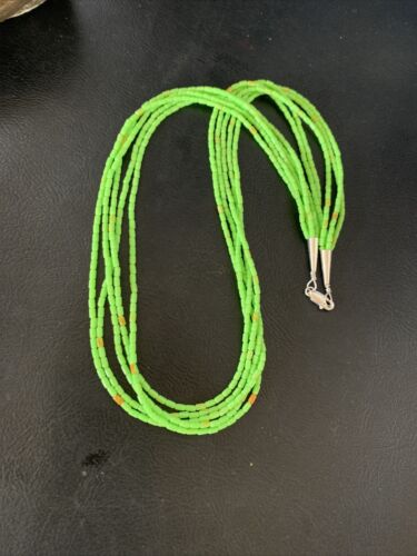 Native American Green Gaspeite Rice Heishi Necklace | 5 Strand | Sterling Silver | 20" | 12928