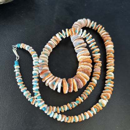 Navajo Sterling Silver Blue Turquoise & Spiny Oyster Graduated Necklace | Authentic Native American | 28" | 14729