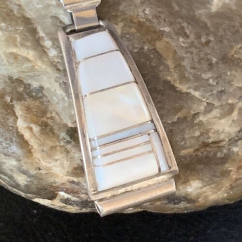 Navajo Sterling Silver Watch Tips with Pink Mother of Pearl Inlay Band | Authentic Native American Jewelry | 13693