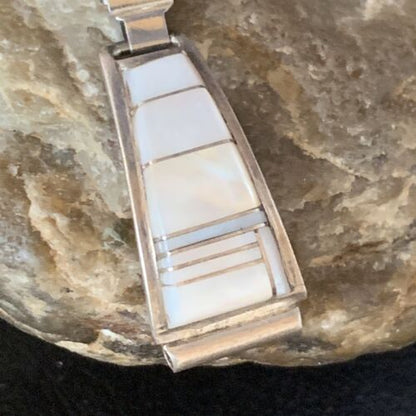 Navajo Sterling Silver Watch Tips with Pink Mother of Pearl Inlay Band | Authentic Native American Jewelry | 13693