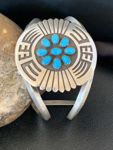 Navajo Sterling Silver Kingman Turquoise Cuff Bracelet | Men's Cluster | Blue | 1651