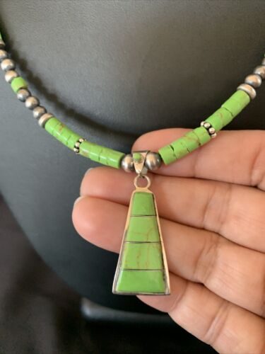 Native American Navajo Sterling Silver Necklace | Green Gaspeite Inlay Pendant | 12150