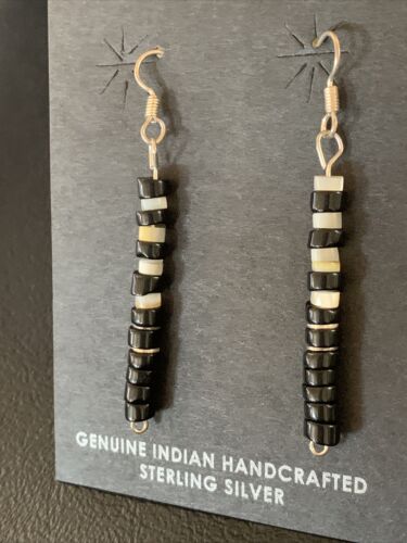 Navajo Black Onyx White Mother of Pearl Earrings | Sterling Silver | 1.5" | Authentic Native American Handmade | 13056
