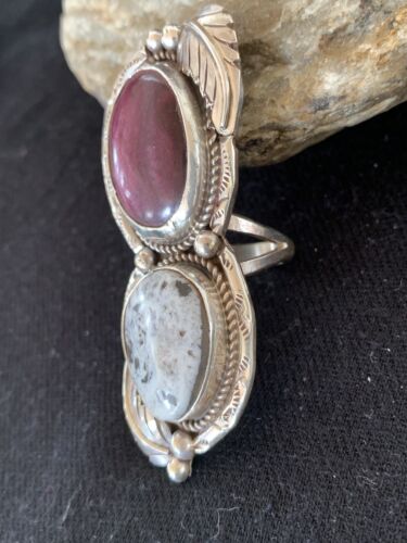 Navajo White Buffalo Turquoise & Spiny Oyster Multi-Stone Ring | Authentic Native American Sterling Silver | Sz 9 | 307