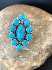 Navajo Blue Turquoise Cluster Ring | Authentic Native American Sterling Silver | Multi-Stone | Sz 8 | 12306