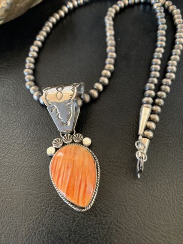 Navajo Orange Spiny Oyster Pendant Necklace | Sterling Silver | Authentic Native American Handmade | 13079