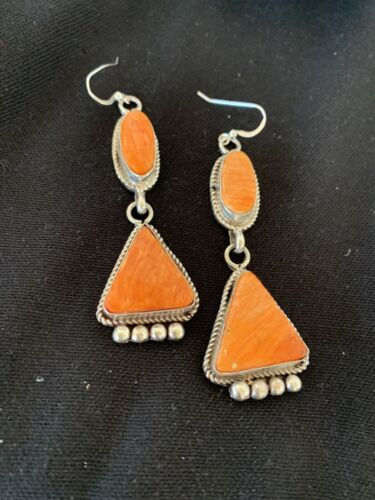 Navajo Orange Spiny Oyster Dangle Earrings | Sterling Silver | Authentic Native American Handmade | 199