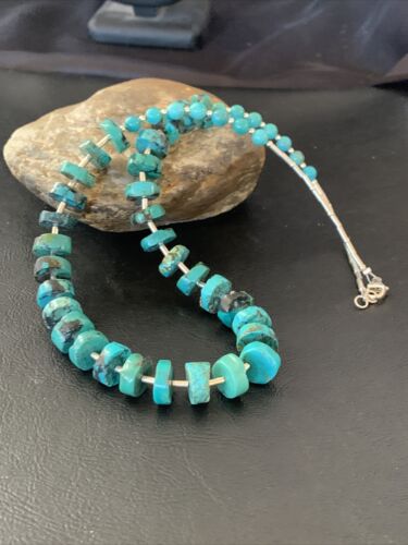 USA Navajo erica Turquoise Heishi Sterling Silver Tube Bead Necklace 11775