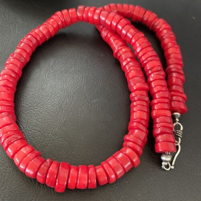 Native American Navajo Red Coral Bead Necklace | Sterling Silver | Authentic Handmade | 20" | 11873 - Masha USA