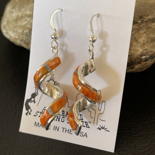 Navajo Snake Swirl Earrings | Orange Spiny Opal Inlay | Sterling Silver | 1.25" | Authentic Native American Handmade | 1549