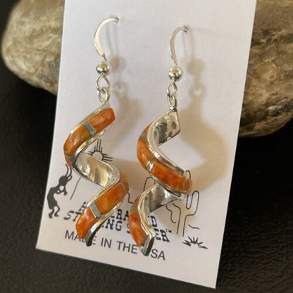 Navajo Snake Swirl Earrings | Orange Spiny Opal Inlay | Sterling Silver | 1.25" | Authentic Native American Handmade | 1549