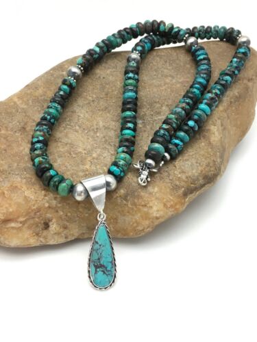 Navajo Spiderweb Turquoise Bead Necklace Pendant | Sterling Silver | Authentic Native American Handmade | 2796