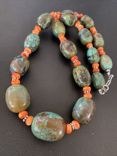Navajo Green Turquoise & Orange Spiny Oyster Necklace | Sterling Silver | 23" | Authentic Native American Handmade | 1847