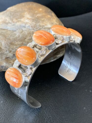 Native American Navajo Orange Spiny Oyster Row Cuff Bracelet | Sterling Silver | 1409