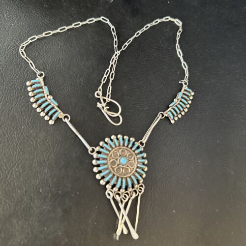 Zuni Kingman Turquoise Needle Point Necklace Pendant Set | Sterling Silver | Authentic Native American Handmade | 14535