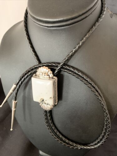 Navajo White Buffalo Turquoise Bolo Tie | Sterling Silver | Authentic Native American Handmade | 12905