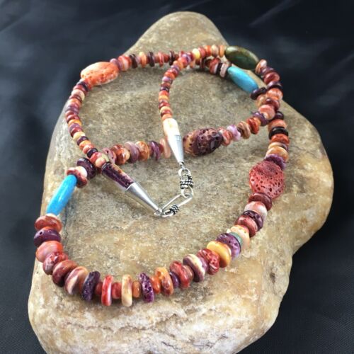 Navajo Turquoise | Purple Red Spiny Oyster Bead Necklace | Sterling Silver | 22" | 10143