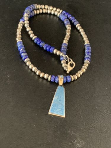 Navajo Blue Denim Lapis Necklace with Inlay Pendant | Sterling Silver | Authentic Native American Handmade | 13490