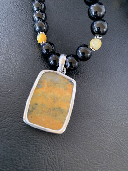 Men's Navajo Pearls Onyx Bumblebee Jasper Necklace Pendant | Sterling Silver | Native American Handmade | 10327