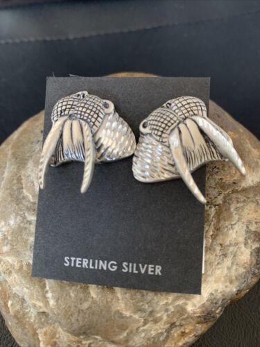 Native American Old Pawn Walrus Sterling Silver Diamond Cut Stud Earrings | 1" | 12993