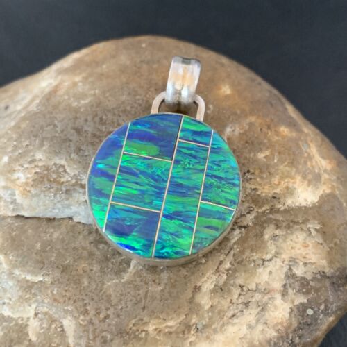 Authentic Native American Navajo Sterling Silver Blue Fire Opal Inlay Pendant | Handmade Jewelry | 13143