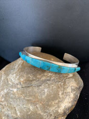 Native American Navajo Blue Turquoise Inlay Bracelet | Sterling Silver | Authentic Handmade | 00986