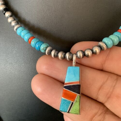 Navajo Blue Turquoise Coral Pendant Necklace | Sterling Silver Inlay | Authentic Native American Handmade | 13839