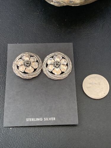 Old Pawn Southwestern Sterling Silver Stud Earrings | Diamond Cut | 1" | 12992