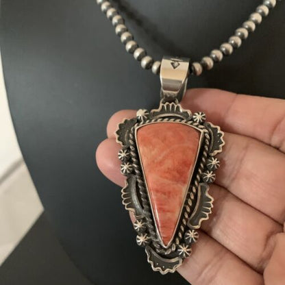Navajo Red Spiny Oyster Pendant with Sterling Silver Pearls Necklace | Authentic Native American Handmade | 01657
