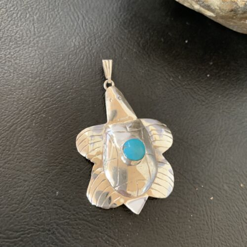 Navajo Blue Turquoise Turtle Pendant | Sterling Silver | Authentic Native American Handmade | 12804