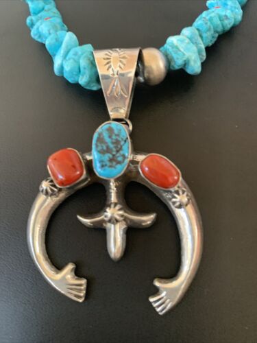 Navajo Sterling Silver Turquoise Coral Pendant Necklace | Authentic Native American Handmade | 11697