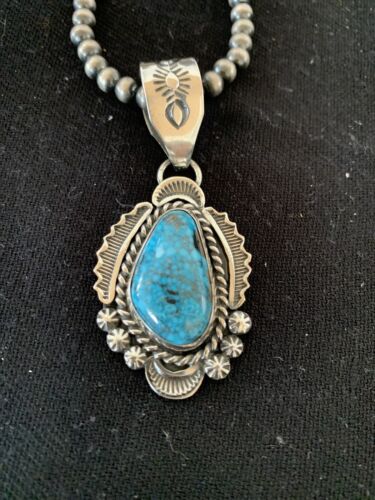 Navajo Spiderweb Kingman Turquoise Pendant Necklace | Sterling Silver | Authentic Native American Handmade | 688