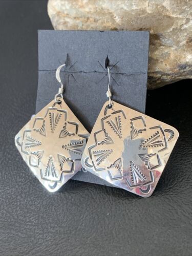 Native American Women's Dangle Earrings | Navajo Sterling Silver Stamped Handmade | 1660