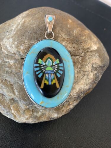 Zuni Multi-Stone Turquoise Pendant | Coral Onyx Inlay | Sterling Silver | Authentic Native American Handmade | 2029