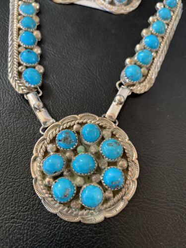Navajo Blue Kingman Turquoise Necklace & Earrings Set | Sterling Silver | Authentic Native American Handmade | 2113
