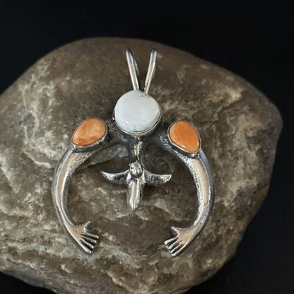 Navajo White Buffalo Turquoise Spiny Naja Pendant | Sterling Silver | Authentic Native American Handmade | 14671