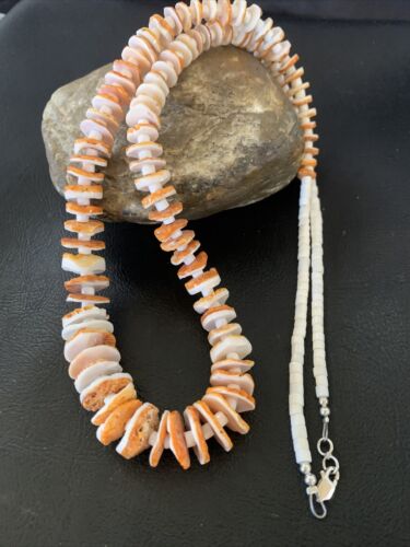 Navajo Turquoise, Orange Spiny Oyster, Pink Shell Necklace | Sterling Silver | Authentic Native American | Graduated | 28" | 12257