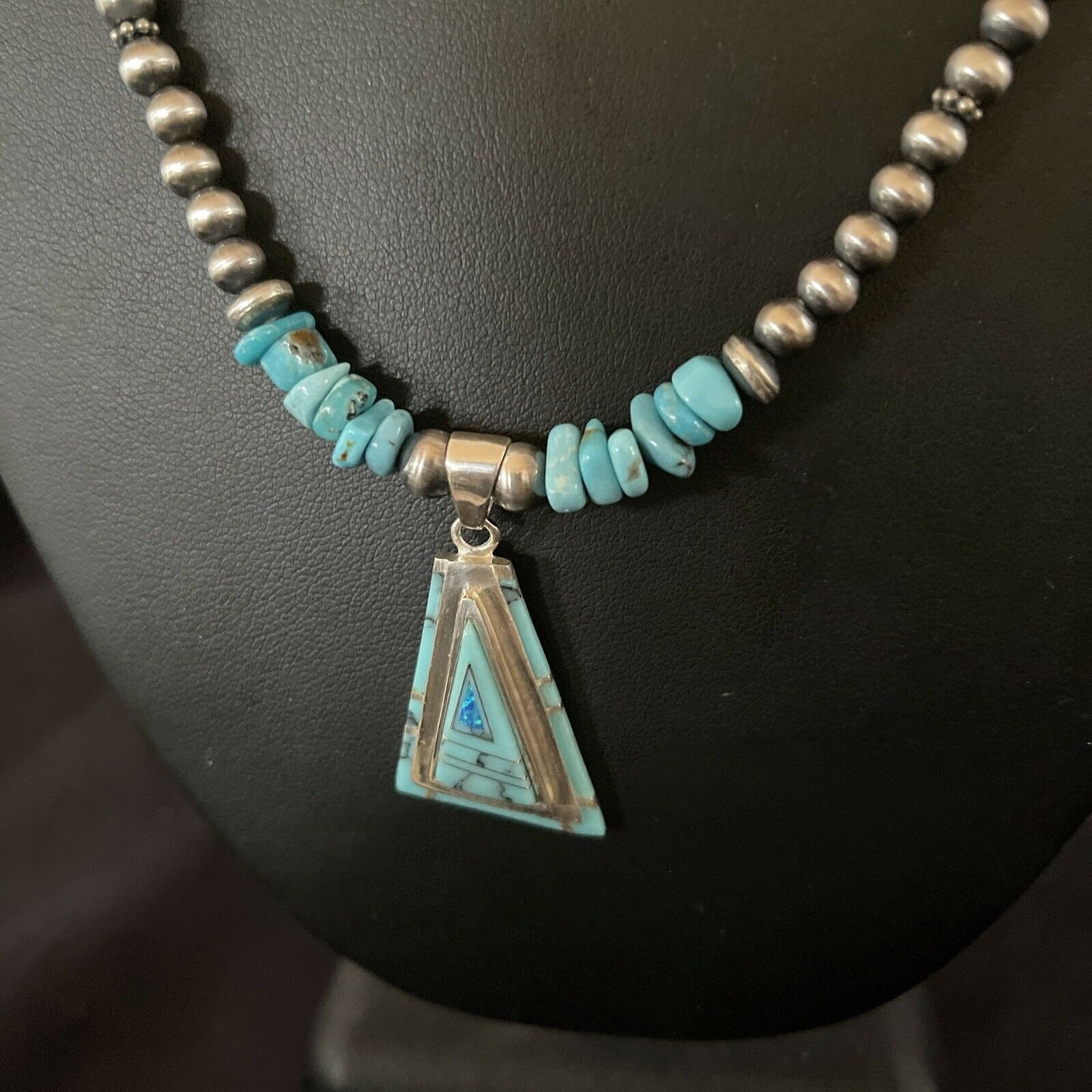 Authentic Native American Navajo Sterling Silver Pendant | Blue Turquoise & Opal Inlay Necklace | 11331