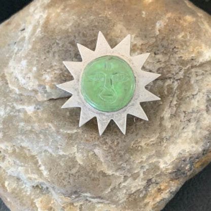 Old Pawn Navajo Green Gaspeite Sun Face Pin Pendant | Sterling Silver | Authentic Native American Handmade | 12132