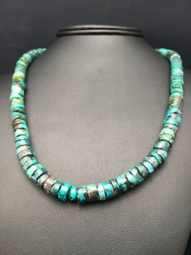 Native American Green Turquoise Heishi Bead Necklace | 10mm Sterling Silver | 20" | 4357