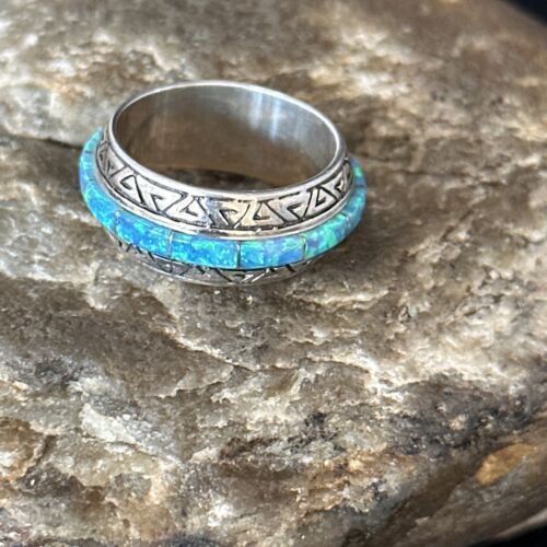 Navajo Blue Opal Inlay Eternity Band Ring | Sterling Silver | Sz 8 | Authentic Native American Handmade | 14544