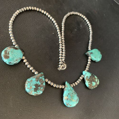 Navajo Teardrop Blue Turquoise Necklace | Sterling Silver Pearls | 20" | Authentic Native American Handmade | 13961