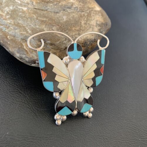 Blue Turquoise Coral Butterfly Necklace Pin Pendant | Zuni Sterling Silver | Native American Handmade | 11965