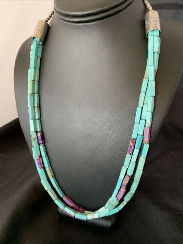 Navajo Blue Turquoise Jasper Bead Necklace | 3-Strand Sterling Silver | 24" | Authentic Native American Handmade | 12512