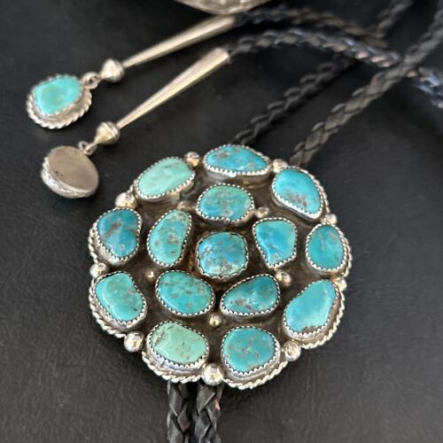 Men's Bolo Tie | Cluster Blue Kingman Turquoise | Sterling Silver | Navajo | Authentic Native American Handmade | 14524