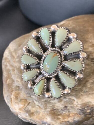 Navajo Women's Green Turquoise Multi-Stone Cluster Ring | Authentic Native American Sterling Silver | Sz 9 | 12194