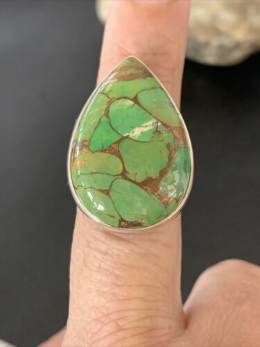Adjustable Navajo Green Mojave Turquoise Ring | Sterling Silver | Sz 8 | 11786