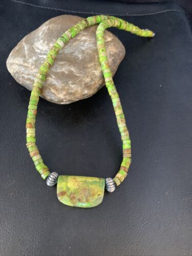 Navajo Green Gaspeite Turquoise Pendant | Sterling Silver | Authentic Native American Handmade | 13916