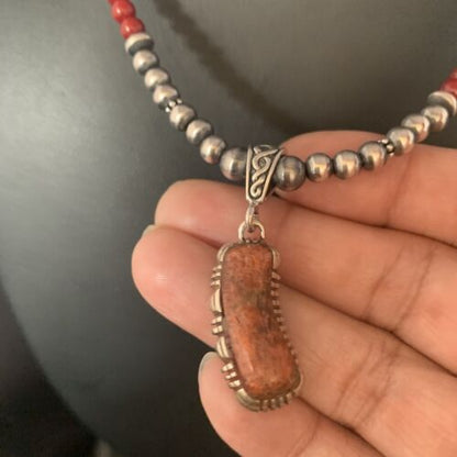 Red Apple Coral & Navajo Pearls Sterling Silver Bead Necklace with Pendant | Authentic Native American | 13437
