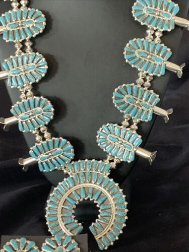 Navajo Blue Turquoise Squash Blossom Necklace | Sterling Silver | 7Pc Cluster Pendant | 12084